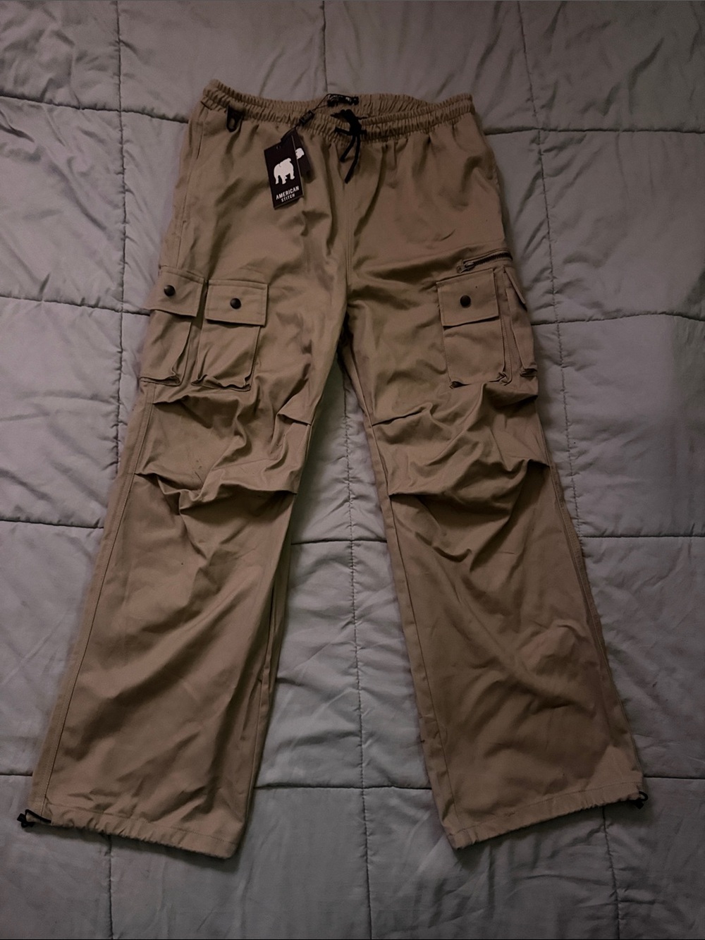 American Stitch Men's Khaki Cargo Pants with Drawstring Waist